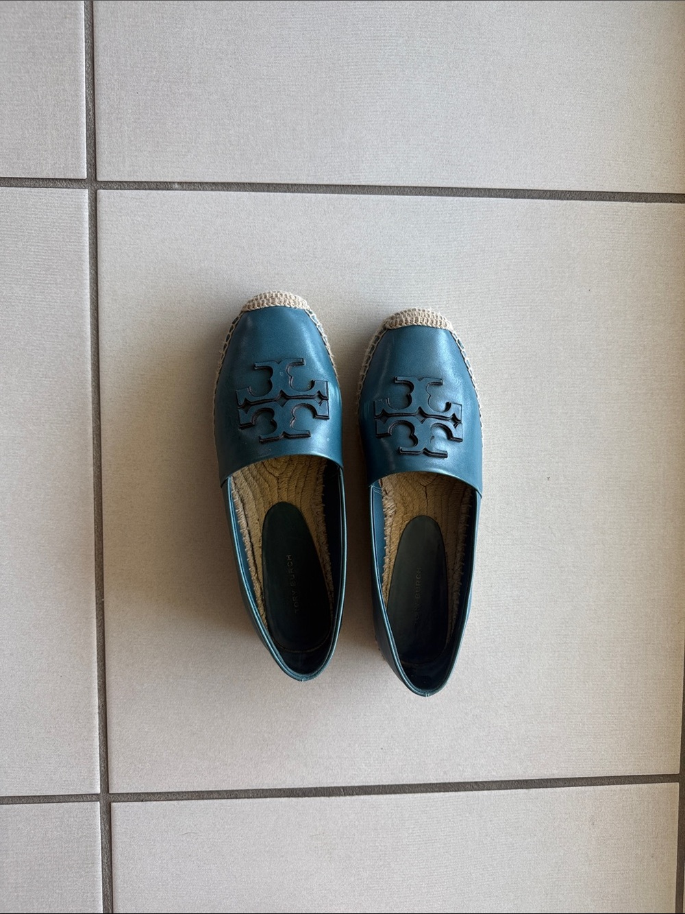 Tory Burch Teal Leather Logo Espadrille Flats
